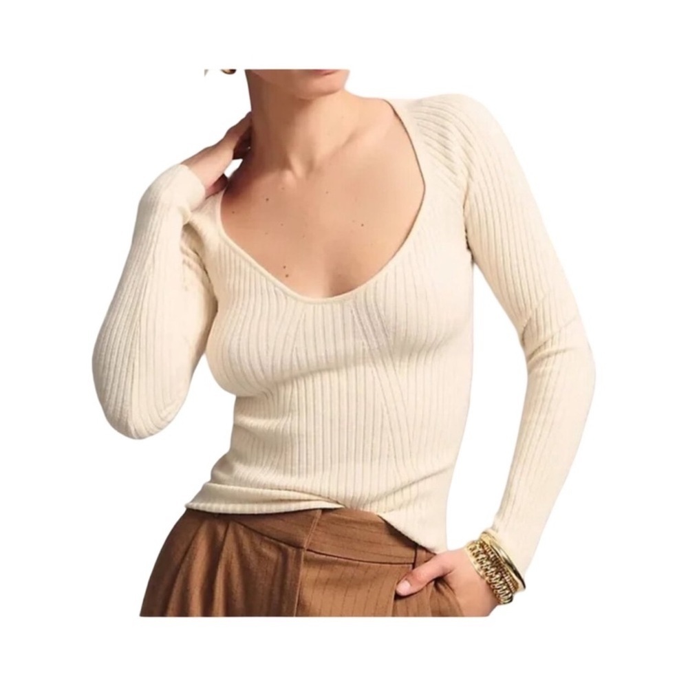L*Space Camryn Ribbed Fitted Long Sleeve Sweater Cream NWT Size XS